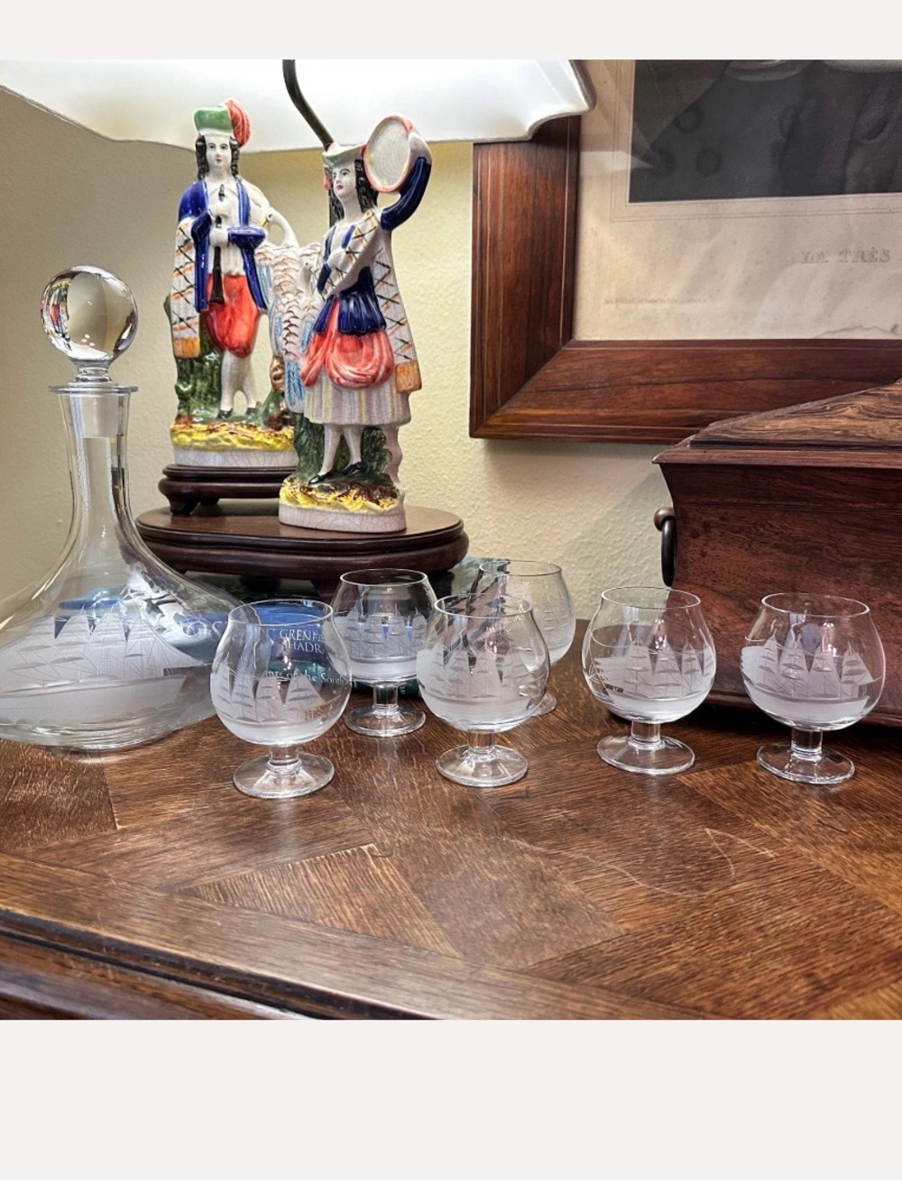 Vintage Decanter and Clear Etched Brandy Snifter Glasses - Set of 6